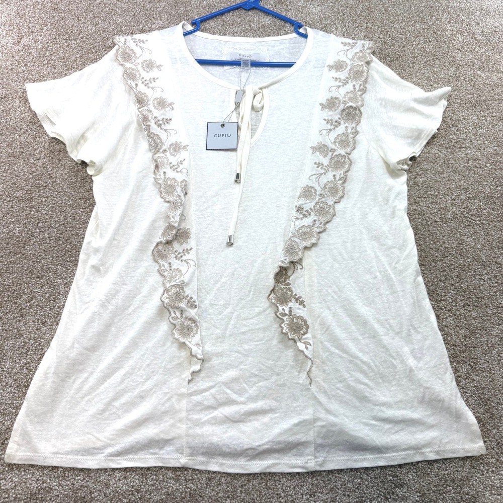 Cupio Women XL Whisper White Linen Blend Embroidered Ruffle Neck Top NEW Boho